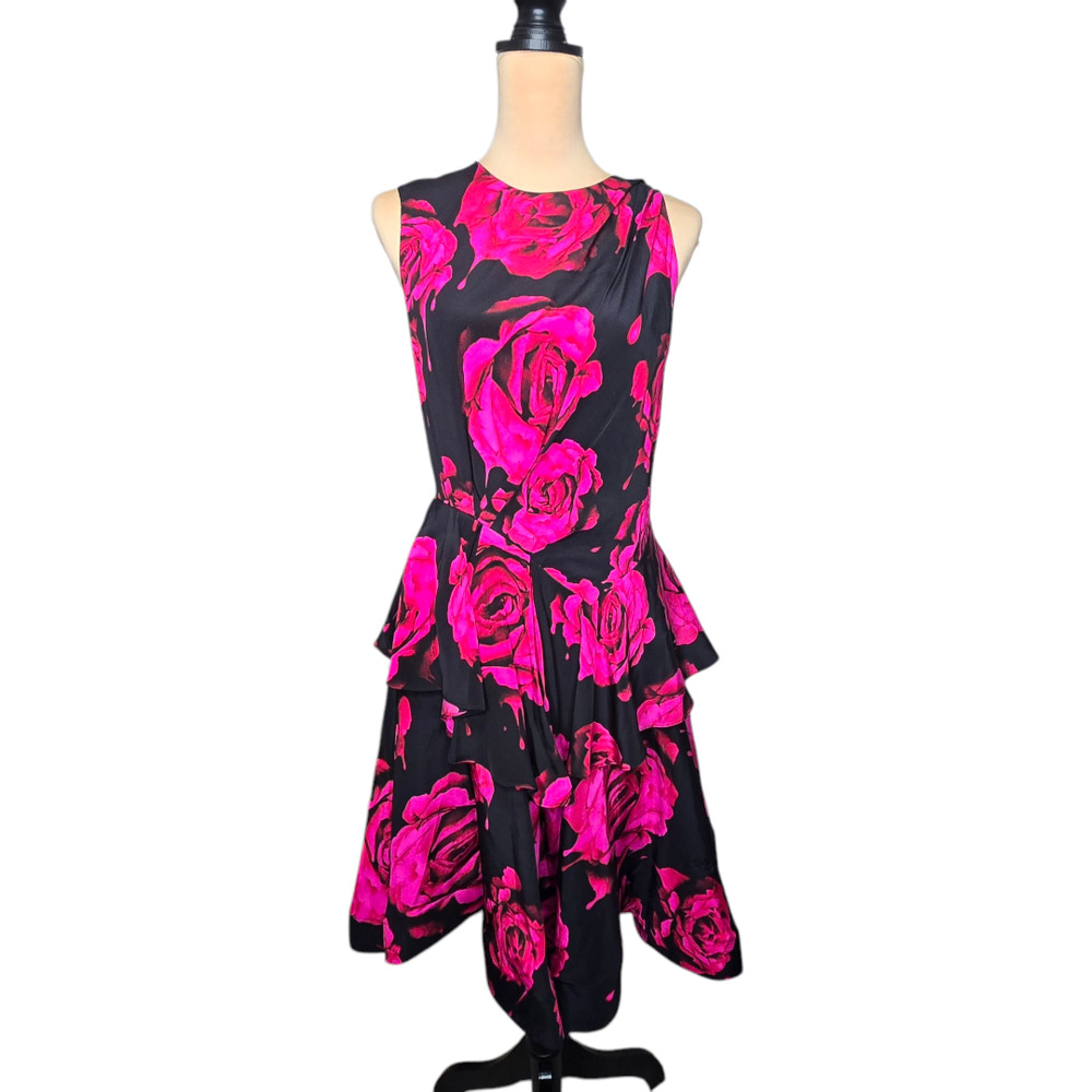 Bensoni Rufflle‎ Rose Print Silk Dress Fall 2011 Collection Size 10
